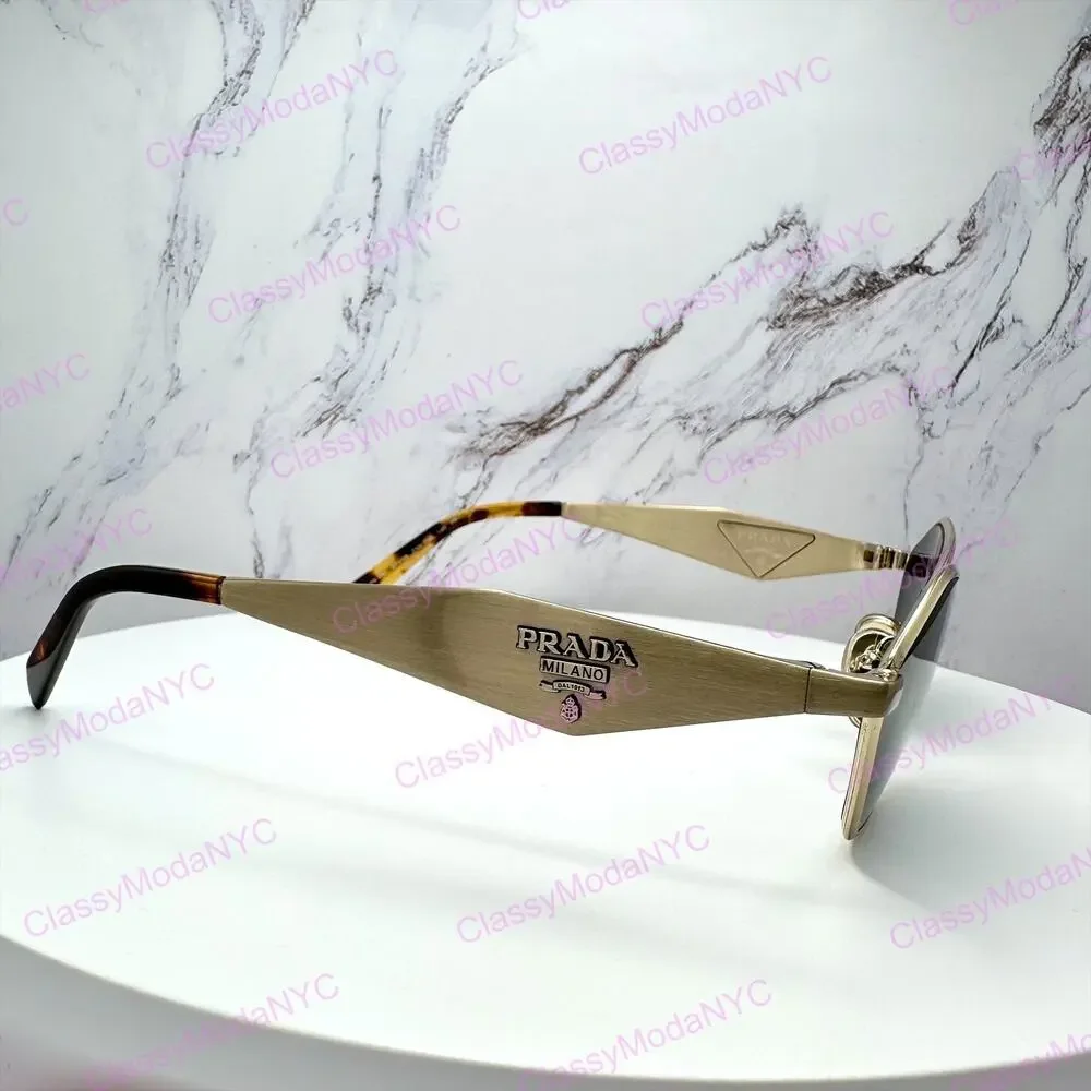 New PRADA Sunglasses Gold Metal 3D Logo Aviator Cat Eye Womens PRD50S ZVN70B